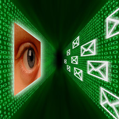 Image showing An eye monitoring emails and binary code