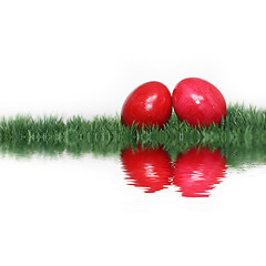 Image showing Red eggs in the grass mirrored