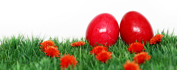 Image showing Red-painted Easter eggs