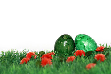Image showing Green-painted Easter eggs