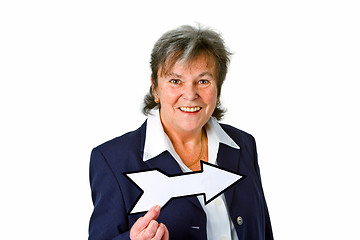 Image showing Female senior with blank arrow