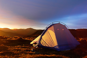 Image showing Camping tent in the morning sunlight