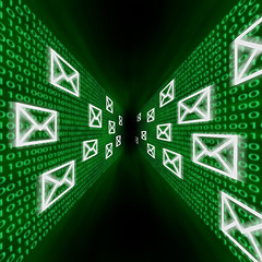 Image showing E-mail icons flying along walls of binary code