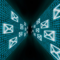 Image showing E-mail icons flying along walls of binary code