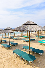 Image showing Beach umbrellas on sandy seashore