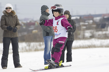 Image showing Skiing on a one ski