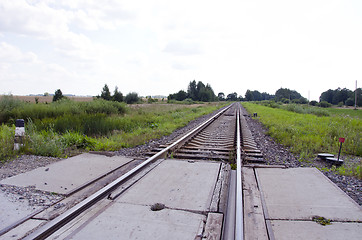 Image showing Railway track cross road between fields and forest 