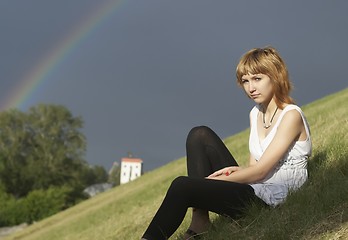 Image showing Attractive girl and rainbow