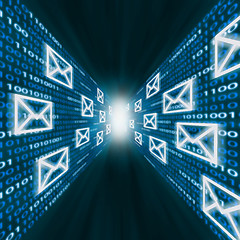 Image showing E-mail icons flying along walls of binary code