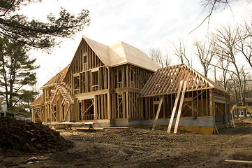 Image showing McMansion type house under construction in framing phase