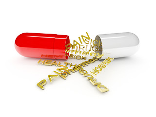 Image showing one open pill with different words about health (3d render) 