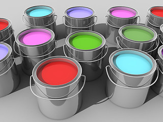 Image showing Paint buckets with various colored paint 