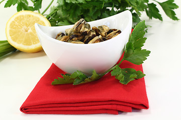 Image showing marinated mussels with flat leaf parsley