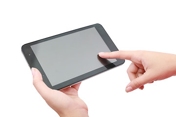 Image showing Woman hands holding and pointing on contemporary digital frame w
