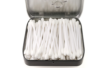 Image showing Cotton sticks in open metal box