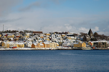 Image showing new modern architecture at frozen riverside in winter