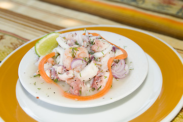 Image showing   Spanish seafood salad appetizer tapas shrimp ocotpus caracol c