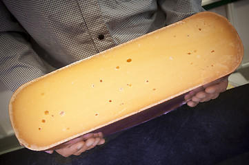 Image showing Man holding a big Gouda Cheese