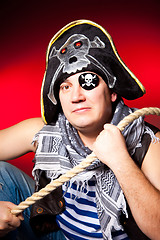 Image showing one-eyed pirate with a cocked hat and a rope
