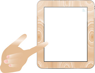 Image showing hand holding a touchpad wood tablet pc