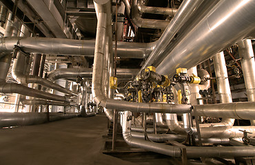 Image showing Industrial zone, Steel pipelines and cables in yellow tones