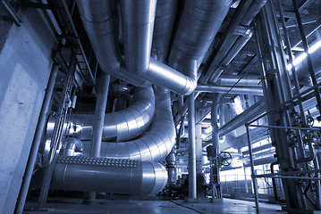 Image showing Industrial zone, Steel pipelines and cables in blue tones