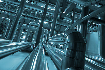 Image showing Industrial zone, Steel pipelines and cables in blue tones