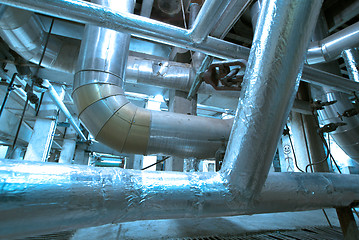 Image showing Industrial zone, Steel pipelines and cables in blue tones