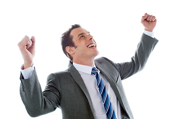 Image showing Businessman celebrating success with arms up