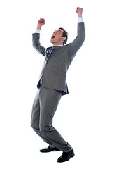 Image showing Successful businessman celebrating with arms up