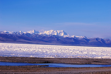 Image showing Landscape of snow-capped mountains and lake