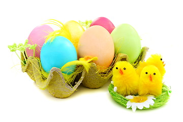 Image showing Easter eggs and chicks in nest.