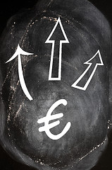 Image showing Euro symbol with up arrows on blackboard