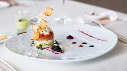 Image showing Appetizer with crab, salmon and vegetables