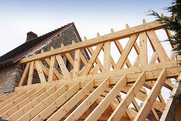 Image showing construction of the wooden frame of a roof