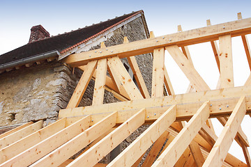 Image showing construction of the wooden frame of a roof