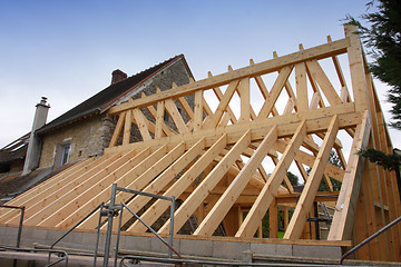 Image showing construction of the wooden frame of a roof