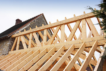 Image showing construction of the wooden frame of a roof