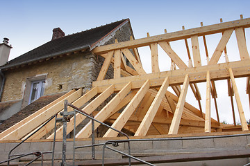 Image showing construction of the wooden frame of a roof