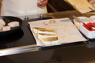 Image showing preparation of paving stones pollack grilled baby vegetables