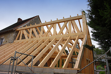 Image showing construction of the wooden frame of a roof