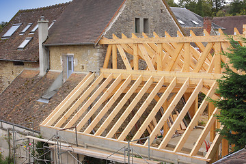 Image showing construction of the wooden frame of a roof