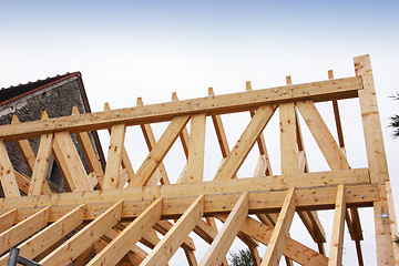 Image showing construction of the wooden frame of a roof