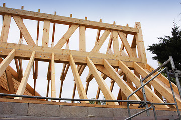 Image showing construction of the wooden frame of a roof