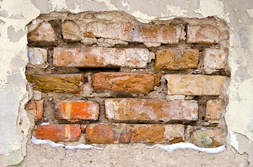 Image showing background of dirty old crumbling brick wall 
