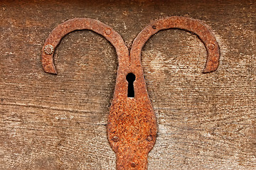 Image showing Detail of old chest with rusty iron plate