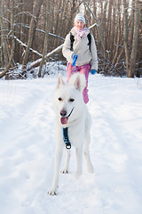 Image showing The woman with a dog in winter on walk