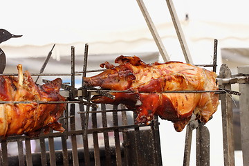 Image showing pig on a spit. Spit roasting is a traditional international method of cooking a whole pig. 
