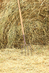 Image showing pitchfork standing on a pile of straw