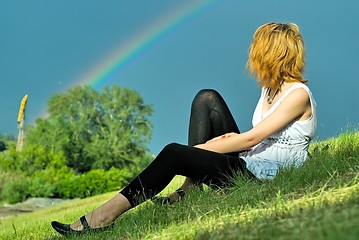 Image showing Attractive girl and rainbow